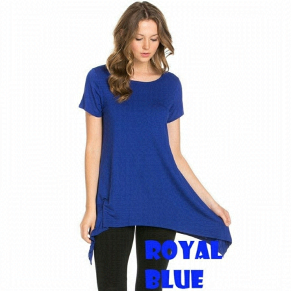 ZENANA short sleeve electric blue asymmetrical hemline tunic Top Size Small NWT